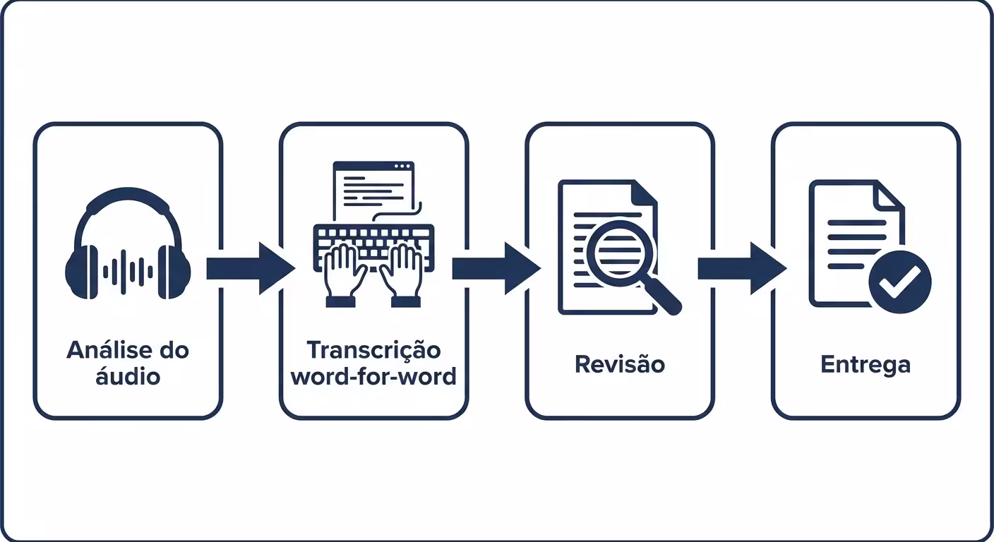 Fluxograma do processo de degravação profissional na Audiotext: análise do áudio, transcrição, revisão e entrega